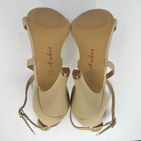 Ankis Womens Nude Gold Cross Strappy Heels Peep Toe Buckle Size 7.5 Stiletto - Picture 10 of 11